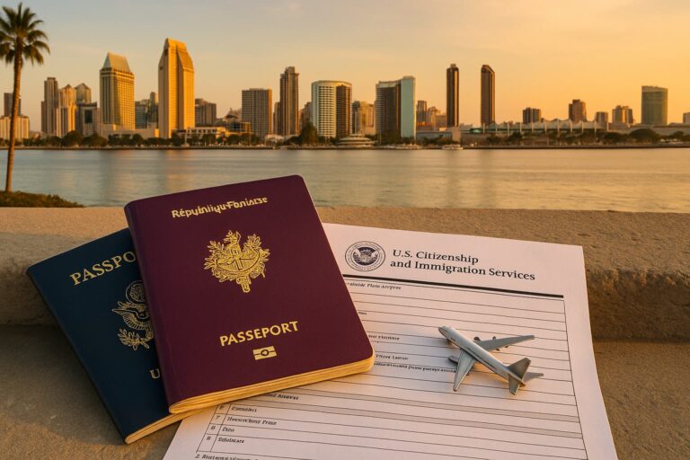 Passeport « République Française » posé sur un passeport américain et un formulaire USCIS, avec la skyline de San Diego au coucher du soleil.